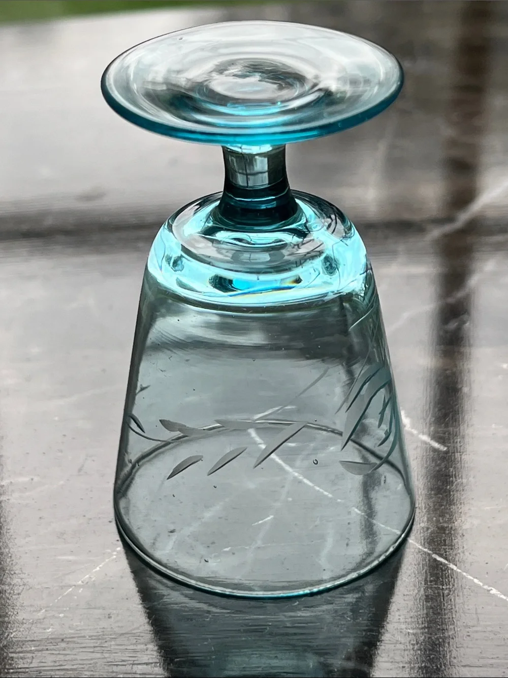 Etched Glass Goblet with Aqua Base